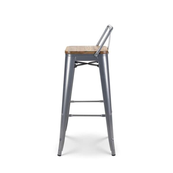 Kosmi - Industriell stil Silvermetallbarstol med ryggstöd och sits i ljust trä - Höjd 76 cm