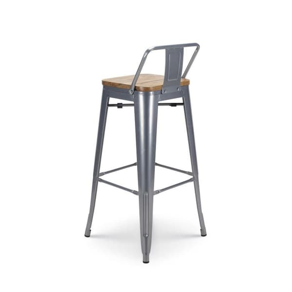 Kosmi - Industriell stil Silvermetallbarstol med ryggstöd och sits i ljust trä - Höjd 76 cm