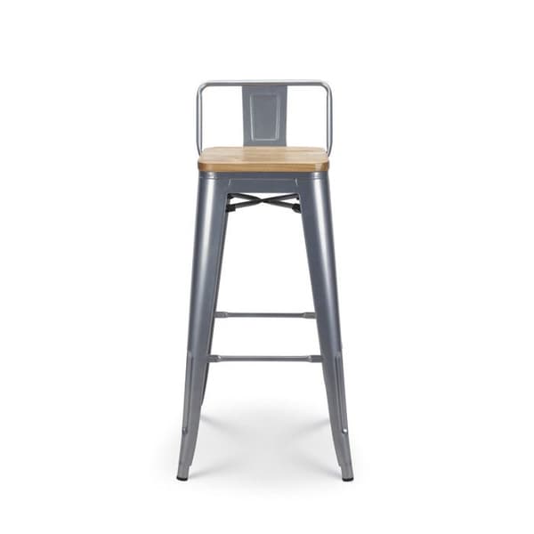 Kosmi - Industriell stil Silvermetallbarstol med ryggstöd och sits i ljust trä - Höjd 76 cm