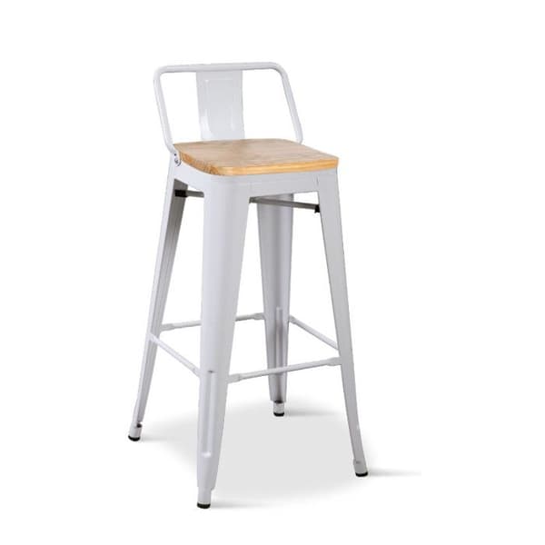 KOSMI - Barstol i industriell stil med litet ryggstöd i matt vit metall och sits i lätt naturligt trä