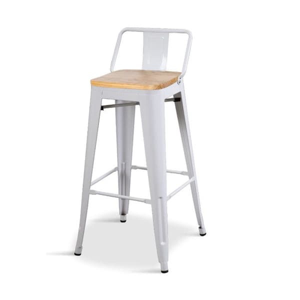 KOSMI - Barstol i industriell stil med litet ryggstöd i matt vit metall och sits i lätt naturligt trä