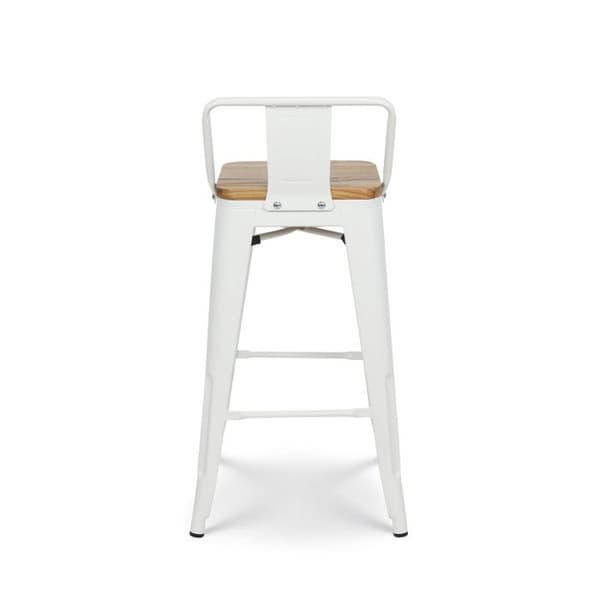 Set med 4 vita metallbarstolar i industriell stil med ryggstöd och sits i ljust trä - Höjd 76 cm