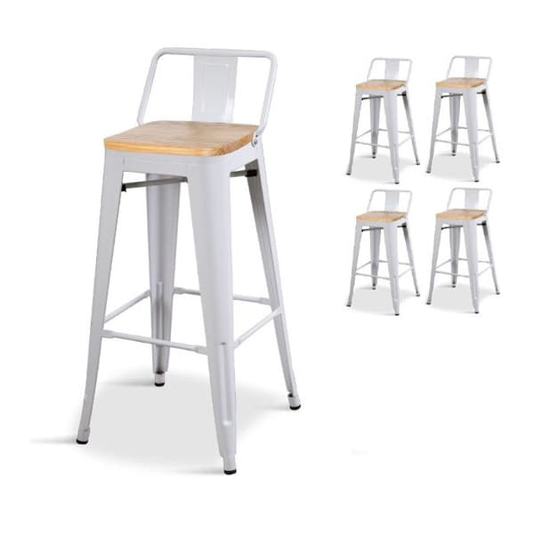 KOSMI - Set med 4 barstolar i industristil med ryggstöd i matt vit metall och sits i ljust trä - Sitthöjd 66 cm