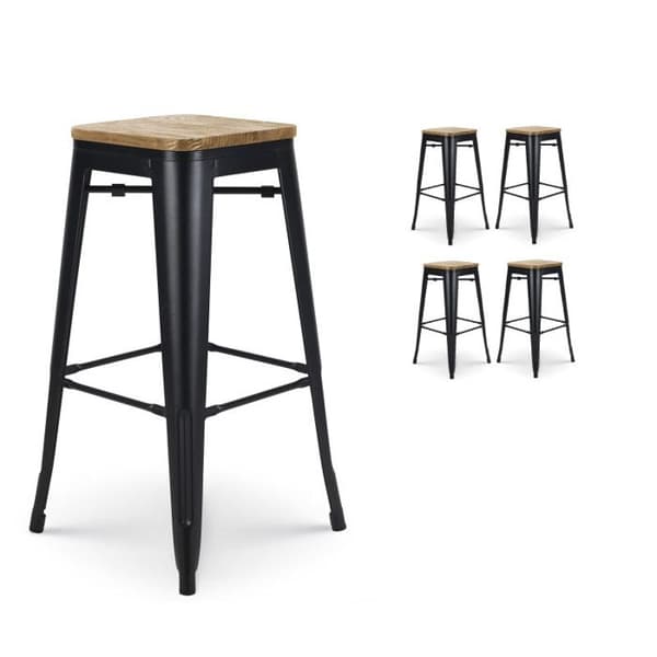 Set om 4 svarta barstolar i metall med industriell stil och sits i ljust trä - Höjd 76 cm