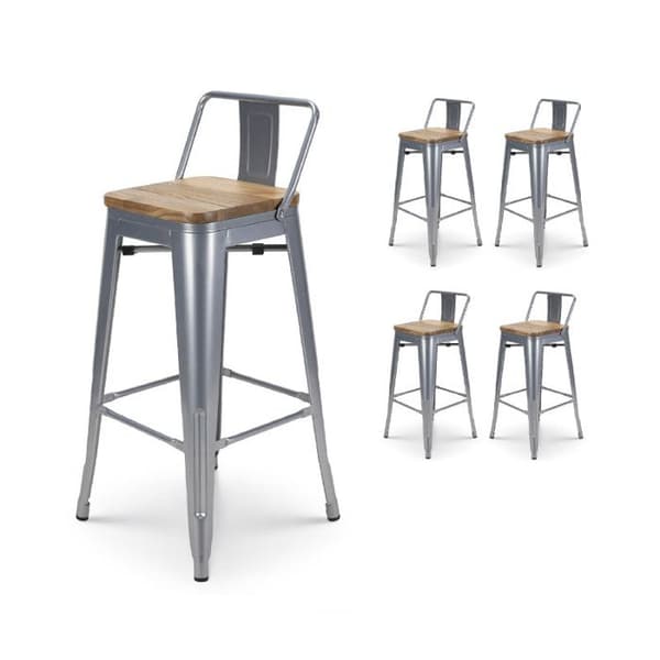 Kosmi - Set med 4 barstolar i industriell stil i silvermetall med ryggstöd och sits i ljust trä - Höjd 66 cm