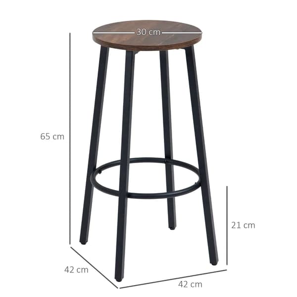 Rootz Barstolar - Set med 2 köksfrukostpallar - Robust stålstomme - Industriella långa barstolar - 65 cm hög sits - Fotstöd - Rustik brun - 42 x 42 x