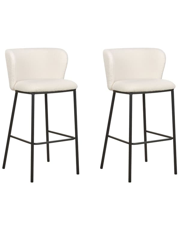Barstole Hvid Boucle Sæt af 2 Høj Køkkenstole Retro Rund Ryglæn Fodstøtte Design Counterstol til Barbord Stole til Køkkenø