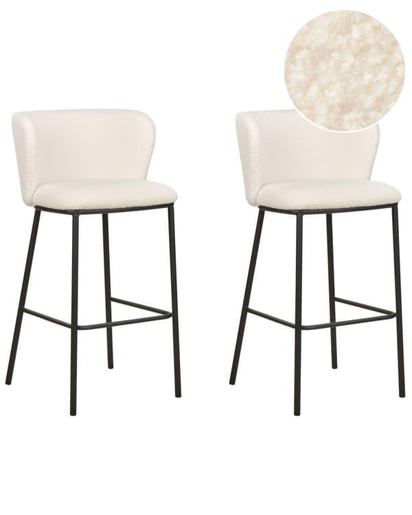 Barstole Hvid Boucle Sæt af 2 Høj Køkkenstole Retro Rund Ryglæn Fodstøtte Design Counterstol til Barbord Stole til Køkkenø