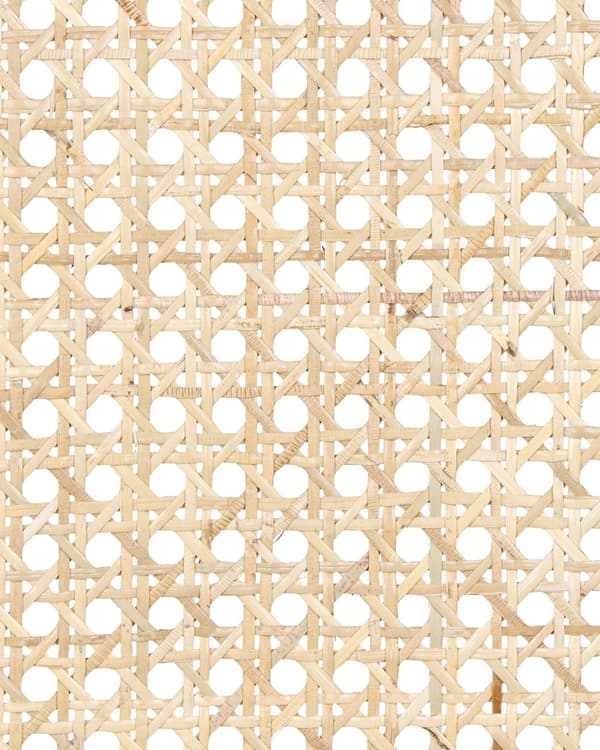 Uppsättning med 2 barstolar Ljusbeige polyesterklädsel Naturlig rotting Ryggstöd i wienerflätning Svarta metallben Armlösa pallar