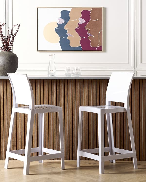 Barstole Hvid Plastik Sæt af 2 Høj Køkkenstole Retro Ryglæn Fodstøtte Design Counterstol til Barbord