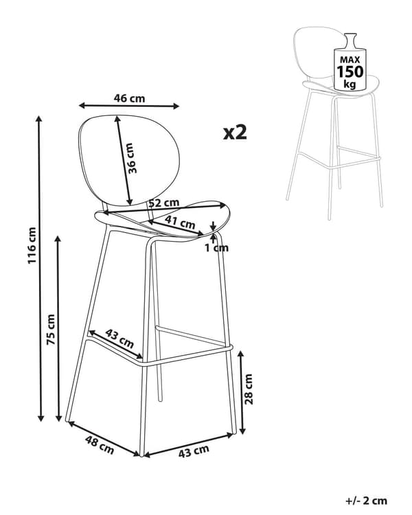 Baarituoli musta 52 x 111 x 48 cm polypropeeni rauta 2 kpl baarijakkara moderni skandinaavinen