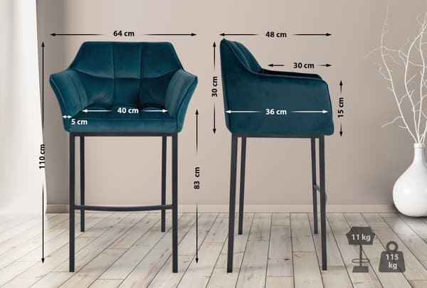 CLP Uppsättning med 2 barstolar Damaso med sammetsöverdrag och fyrbent ram