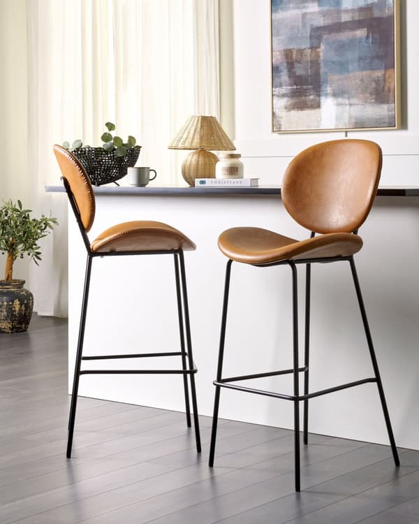 Sæt med 2 barstole til spisestuen gyldenbrunt øko-læder metal sorte ben uden armlæn retro design spisestuemøbler