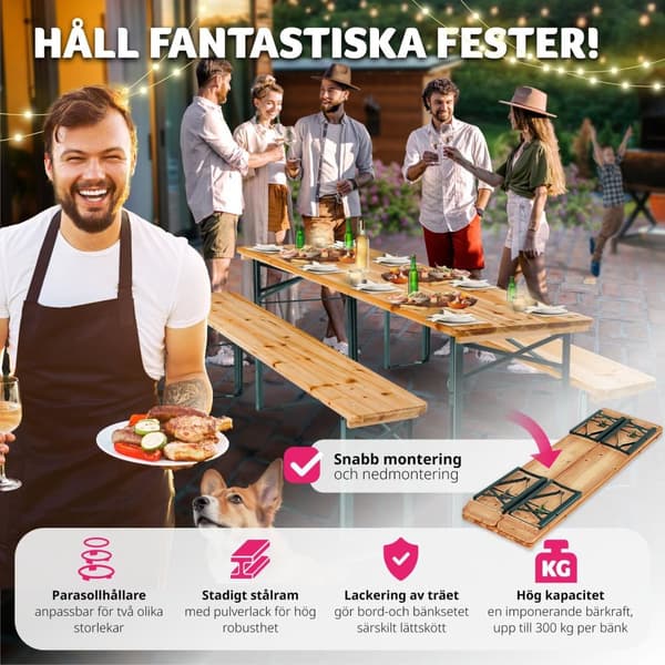 Bord- och bänkset Ludwig i 3 delar, hopfällbar med parasollhållare - brun