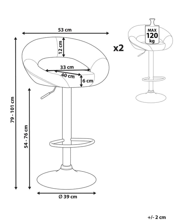 Sett med 2 barkrakker Gullbrun kunstskinnpolstring Fotskammel Svingbar Gaslift Justerbar høyde Minimalistisk