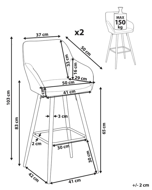 Sæt med 2 barstole i lysegråt velour polstret med arme ryglæn sorte metalben moderne stil