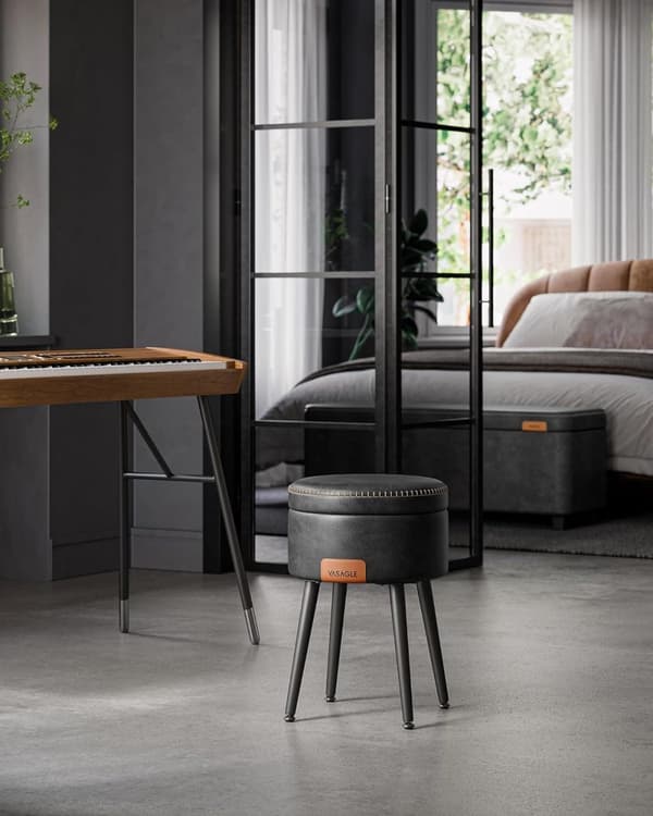 VASAGLE Storage Ottoman, Vanity Chair Taburet, Rundt Opbevaringssæde, Belastning 330 lb, Ink Black