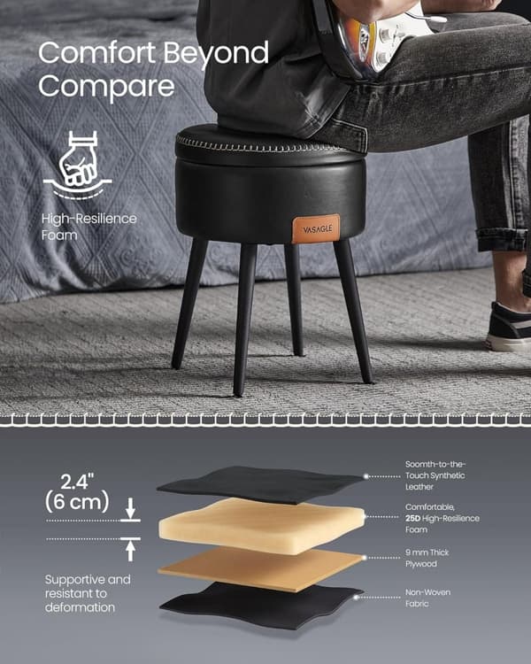 VASAGLE Storage Ottoman, Vanity Chair Taburet, Rundt Opbevaringssæde, Belastning 330 lb, Ink Black