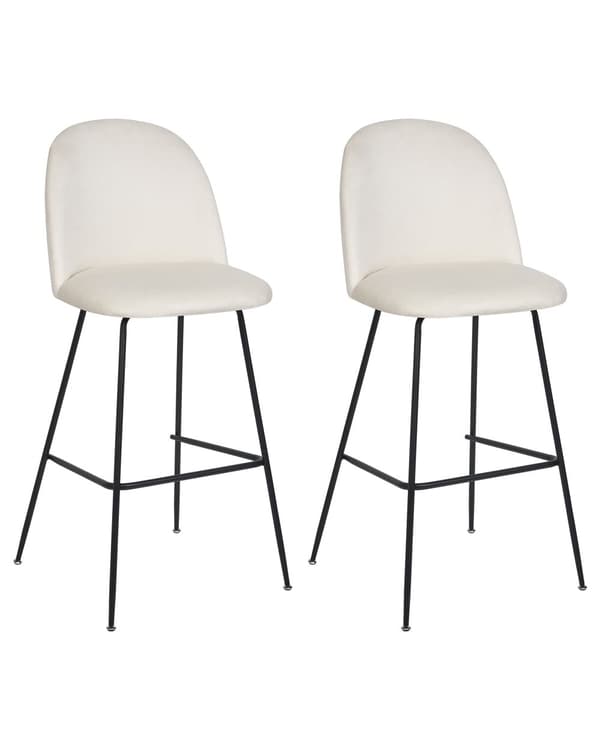 Barstole Hvid Velour Sæt af 2 Høj Køkkenstole Retro Rund Ryglæn Fodstøtte Design Counterstol til Barbord