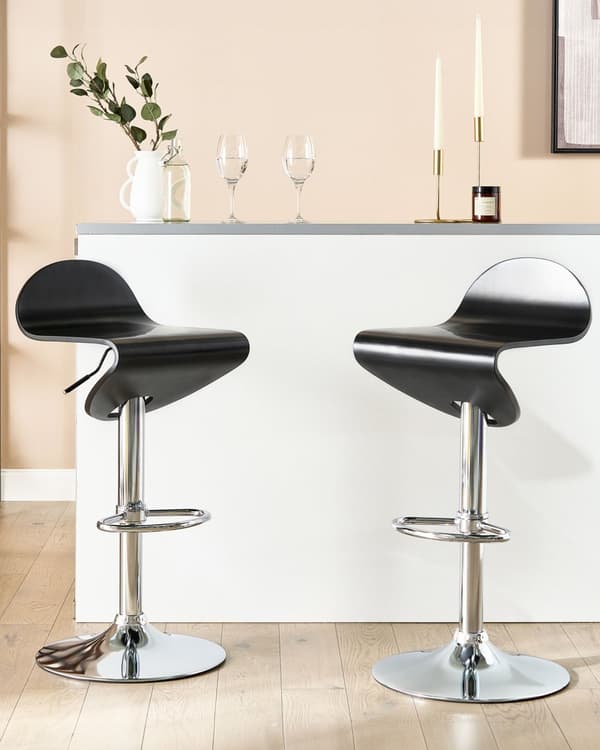 Set om 2 Barstolar Svart med Fotpall Svängbar Gaslift Justerbar Höjd Modern