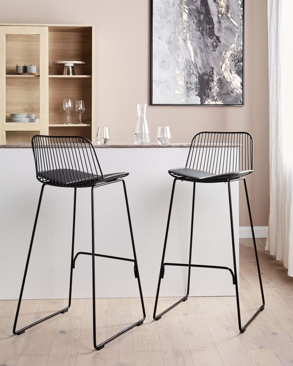 Barstolar set om 2 Svart Metall Tråddesign Konstläder Svart Sittdyna Glam Industrial Modern Kök Matsal