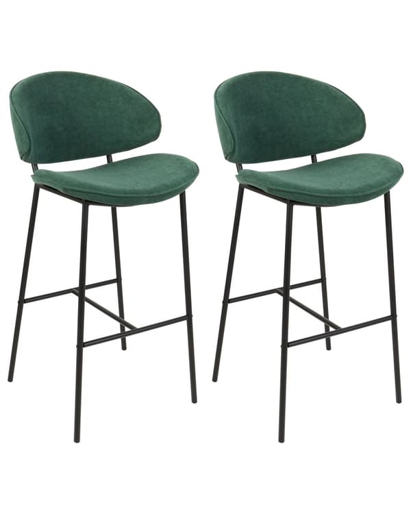 Sett med 2 Barstoler Grønn stoffkledning Svarte metallben Armløs buet rygg Moderne moderne design