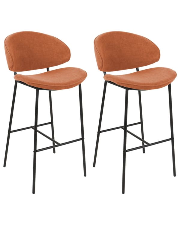 Sett med 2 Barstoler Oransje stoffkledning Svarte metallben Armløs buet rygg Moderne moderne design