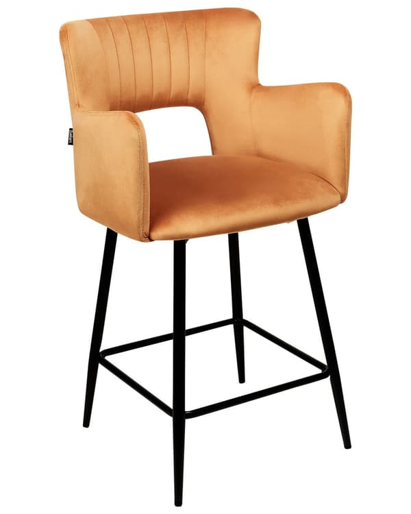 Set med 2 Barstolar Orange Sammet Stolar med Armstöd Utskuret Ryggstöd Svarta Metallben Matsal Kök Stolar