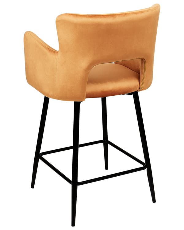 Set med 2 Barstolar Orange Sammet Stolar med Armstöd Utskuret Ryggstöd Svarta Metallben Matsal Kök Stolar