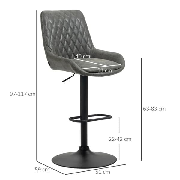 Rootz Barstol - Køkkentaburet - Designskammel - Højdejusterbar - Kunstlæder - Stål - Skum - Mørkegrå + Sort - 51 Cm X 59 Cm X 117 Cm