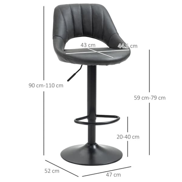 Rootz Barstolar - Set med 2 - Läderlook - Höjdjusterbart fotstöd - Metallram - Fuskläder - Grå - 44 x 49 x 90-110 cm