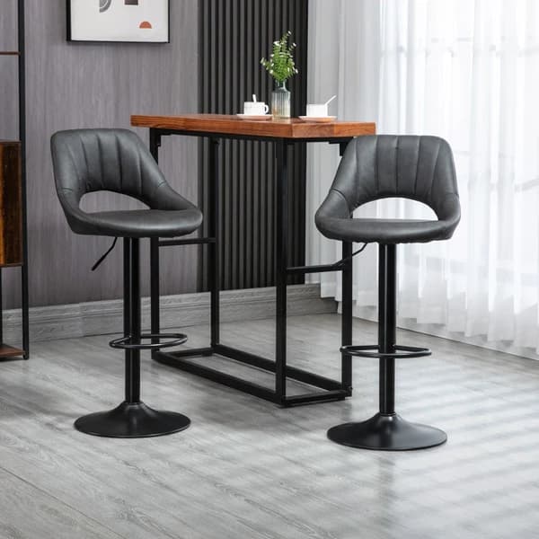 Rootz Barstolar - Set med 2 - Läderlook - Höjdjusterbart fotstöd - Metallram - Fuskläder - Grå - 44 x 49 x 90-110 cm
