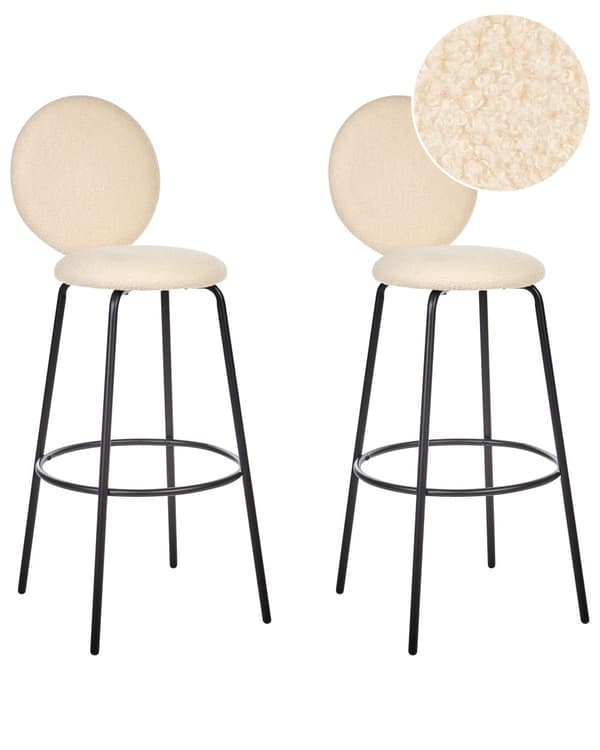 Baarijakkara vaalea beige buklee kangas 2 kpl verhoilu käsinojaton mustat metallijalat moderni tyyli