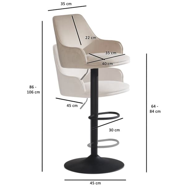 Rootz Modern Design Barstol - Fløjlssæde - Drejestol - Diamantquiltning - Metalbund - Beige - 45cm x 86-106cm x 45cm