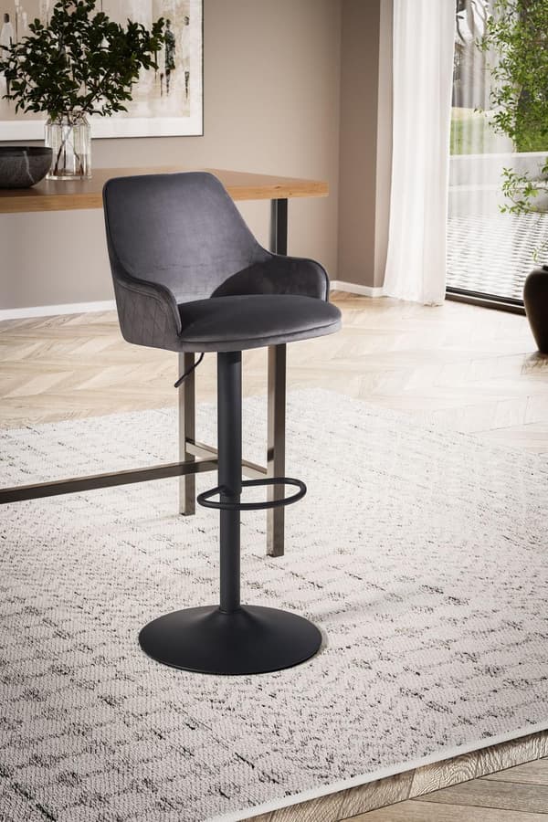 Rootz Modern Design Barstol - Fløjlssæde - Diamantquiltning - Metal trompetbase - 45 cm x 86-106 cm x 45 cm - Grå - 360° rotation - 100 kg Kapacitet