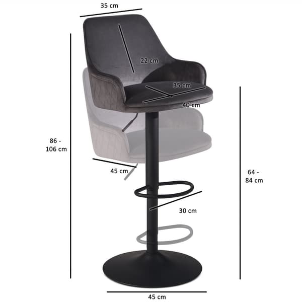 Rootz Modern Design Barstol - Fløjlssæde - Diamantquiltning - Metal trompetbase - 45 cm x 86-106 cm x 45 cm - Grå - 360° rotation - 100 kg Kapacitet