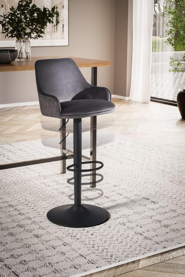 Rootz Modern Design Barstol - Fløjlssæde - Diamantquiltning - Metal trompetbase - 45 cm x 86-106 cm x 45 cm - Grå - 360° rotation - 100 kg Kapacitet