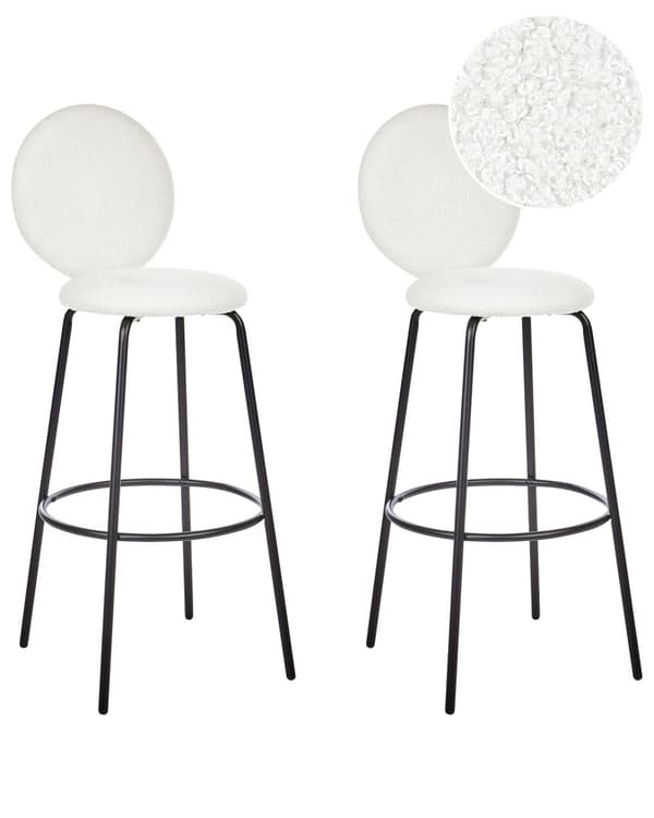 Set om 2 Barstolar Vita utan Armstöd Benkåpor Bouclé Svarta Stålben Modern Design Matplats Sittmöbler