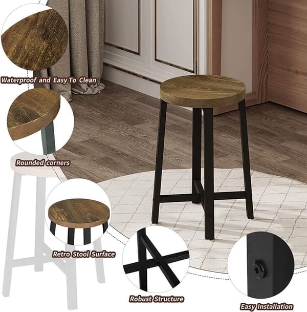Rootz spisestuestole sæt med 2 - Vintage taburetter - Siddepladser i industriel stil - Robuste metalben - Pladsbesparende design - 29,5 cm x 46 cm x 2
