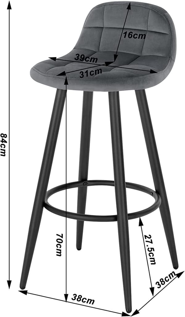 Rootz samettipäällysteinen baarijakkara - Työpöytäjakkara - Keittiöjakkara - Pehmomukavuus - Tukeva metallirunko - Helppo koota - 84cm x 39cm x 31cm