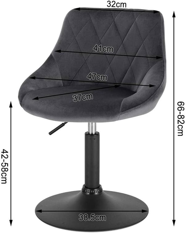 Rootz Velvet -baarijakkara - Metallinen työtuoli - Säädettävä kääntyvä istuin - Ergonominen muotoilu, Tukeva runko, Helppo koota - 66cm-82cm x 47cm x