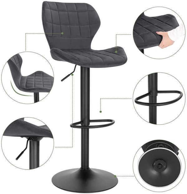 Rootz Velvet Swivel Barstol - Justerbar bordstol - Roterende sæde - Komfortabelt, sikkert, stilfuldt - 48cm x 38cm x 60-82cm