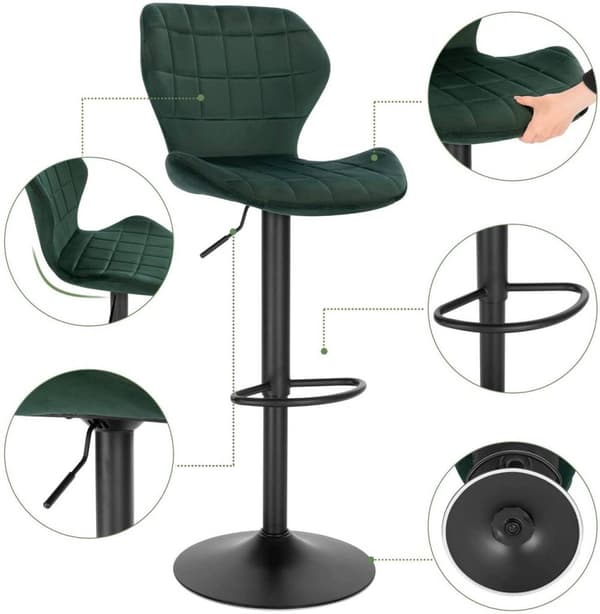 Rootz Barpall - Justerbar pall - Snurrstol - Bekväma sammetssittplatser - Stabil metallram - Mångsidig design - 48cm x 38cm x 60-82cm