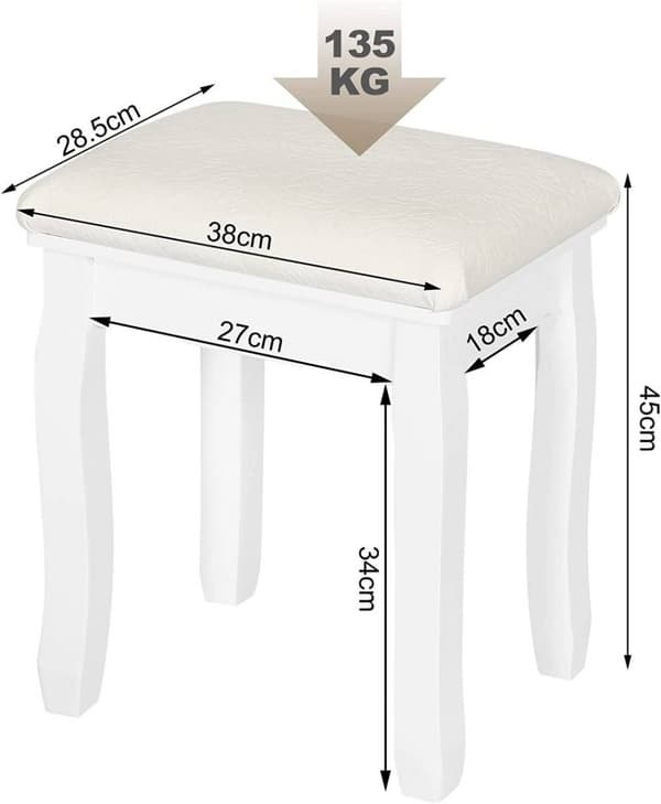 Rootz Elegant White Makeup Pall - Sminkstol - Påklädningsstol - Bekvämt sammetsöverdrag - Mångsidig användning - Hållbar konstruktion - 38cm x 45cm x