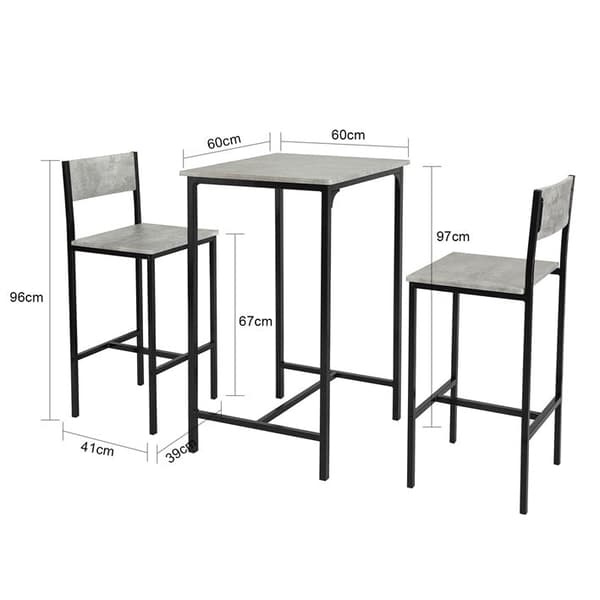 Rootz 3-delt barbordssæt - Barstole - Spisebordssæt - MDF bordplade - Robust metalstel - Ideel til køkken og have - 60 cm x 97 cm x 60 cm - Grå
