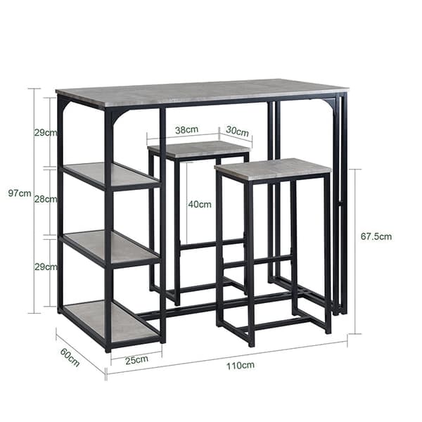 Rootz 3-delade barbordsset - Matbord med 2 pallar - Köksbänkset - Platssnål design - Robust metallstomme - Idealisk för kök, matsal, trädgård - Ljusgr