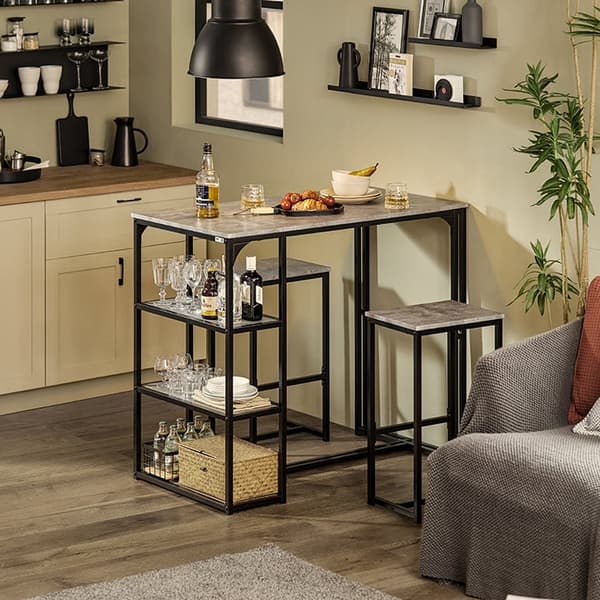 Rootz 3-delade barbordsset - Matbord med 2 pallar - Köksbänkset - Platssnål design - Robust metallstomme - Idealisk för kök, matsal, trädgård - Ljusgr