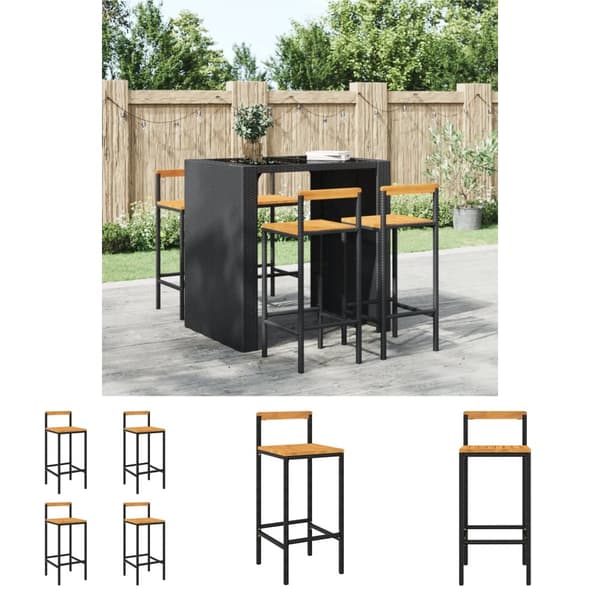 The Living Store barstole 4 stk. polyrattan og massivt akacietræ sort -  Barstole