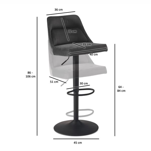 Rootz Velvet Grey Barpall - Svängbar kökspall - Bistrostol - Högkomfortdesign - Justerbar höjd 86-106cm - 45cm Basdiameter