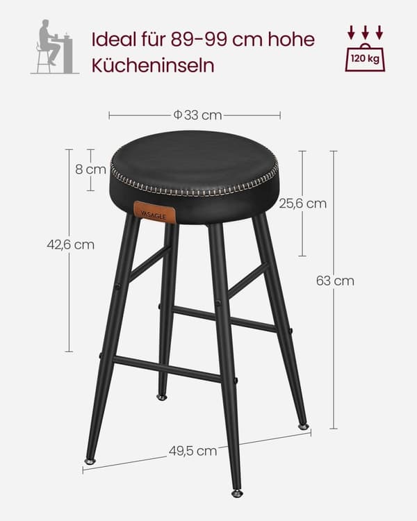 Rootz 4-osaiset baarituolit - Työpöytäjakkarat - Keittiön jakkarat - Teräsrunko - 49,5 cm x 49,5 cm x 63 cm - Muste musta - PU-nahka - Kevyt - Helppo